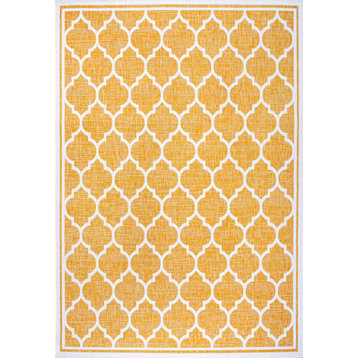 Trebol Moroccan Trellis Textured Weave Indoor/Outdoor, Yellow/Cream, 8 X 10