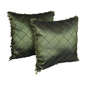 18" Beaded Satin Sheen Polyester Throw Pillows, Set of 2, Hunter Green