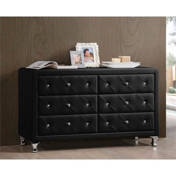 Bowery Hill Mid-Century 6 Drawer Faux Leather Double Dresser in Black