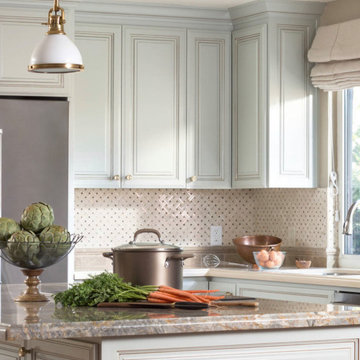 Country Chic Kitchen With Crema Marfil Backsplash Tile