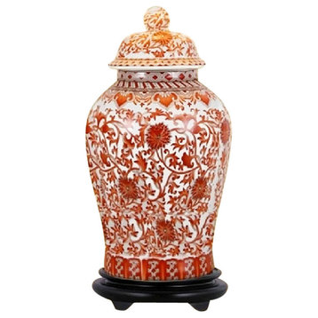 Orange/Coral and White Porcelain Chinoiserie Temple Jar 19"