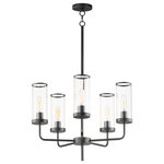 Maxim - Crosby Five Light Chandelier - Simple yet stylish this minimal chandelier comes in your choice of Satin Brass or Matte Black bringing contemporary appeal. Clear Ribbed glass shades are fitted with rings in a coordinating color to complete the look.