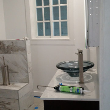 Master Bathroom Remodel with Marble Tile, Pebble Floor & Barn Door — Alameda, CA