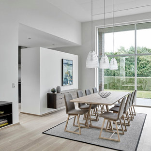 ミルウォーキーの小さいモダンスタイルのLDKの画像 (グレーの壁、淡色無垢フローリング、暖炉なし、ベージュの床)