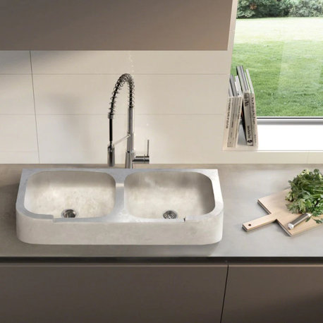 Troia Light Travertine Curved Apron Double Bowl Farm Sink (W)18" (L)36" (H)7"