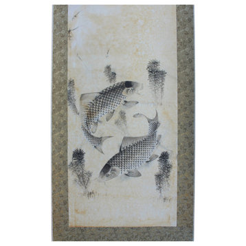 Set of 4 Chinese Calligraphy Ink Fishes Drawing Scroll Paintings Wall Art Hws762