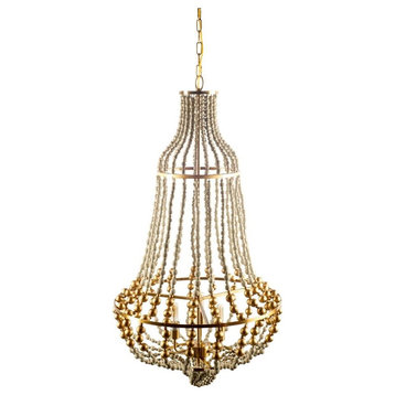 Lafontaine Gold Metal w/Wooden Beads Three Bulb Chandelier