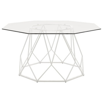Contemporary Coffee Table, Geometric Design With Metal Base & Glass Top, White