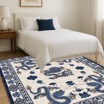 Tibetan Wool Rug Hand-Knotted Blue & White Chinese Dragon Design 9x12, 10x14, 12
