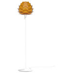UMAGE - Aluvia Floor Lamp, Saffron/White - Modern. Elegant. Striking. The VITA Aluvia is an artistic assemblage of 60 precision-cut aluminum leaves, overlapping each other on a durable polycarbonate frame. These metal leaves surround the light source, emitting glare-free, ambient light.  The underside of each leaf is painted white for increased light reflection, and the exterior is finished in one of six designer colors. Available in two sizes, the Medium (18.9"h x 23.3"w) can be used as a pendant or hanging wall lamp, while the Mini (11.8"h x 15.7"w) is available as a pendant, table lamp, floor lamp or hanging wall lamp. Hang it over the dining table, position it in a corner, or use as a statement piece anywhere; the Aluvia makes an artistic impact in any room.