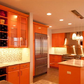 Super White Marble & Orange Kitchen