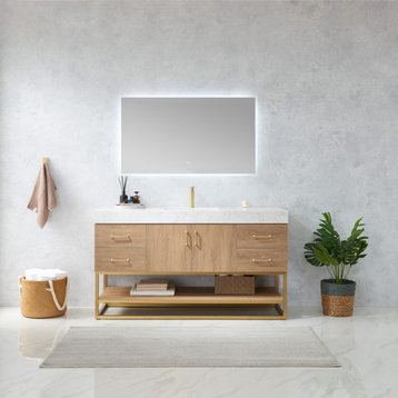 Alistair Vanity, North American Oak With Countertop, 60s", With Mirror