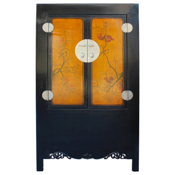 Chinese Black Orange Yellow Graphic Armoire Wardrobe Cabinet Hcs5775
