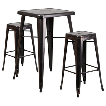 Metal Indoor-Outdoor Bar Table Set With 2 Backless Barstools, Black, Antique Gol