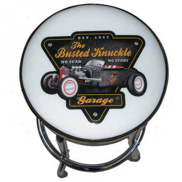 Busted Knuckle Garage Roadster Graphic On White Stool With Swivel