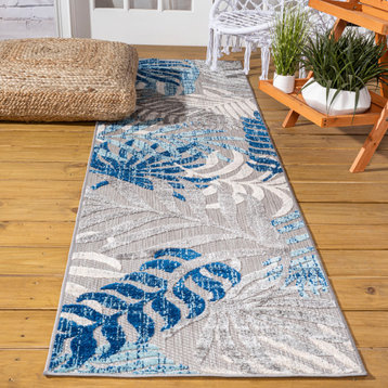Tropics Palm Leaves Indoor/Outdoor Area Rug, Gray/Blue, 2 X 8