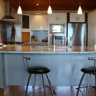 Mid-sized contemporary kitchen pantry pictures - Mid-sized trendy u-shaped kitchen pantry photo in Hamilton with flat-panel cabinets, white cabinets, granite countertops, gray backsplash, glass sheet backsplash, stainless steel appliances and no island