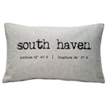 Pillow Decor - South Haven Gray Felt Coordinates Pillow 12x19, with Polyfill Insert - South Haven and its geographic coordinates are printed across this throw pillow in an old typewriter typeset. The gray-taupe font contrasts nicely against the light gray felt fabric giving the pillow a beautiful vintage look and feel. The South Haven Coordinates Pillow is a perfect size for a stand alone chair in a den, office, or living room or would make a nice finishing touch on a bed or window seat.FEATURES: