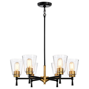 6-Light Black and Antique Brass Chandelier With Clear Cone Glass Shades