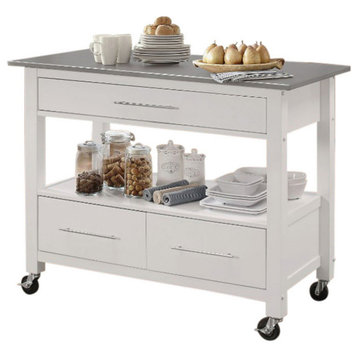 Modern Kitchen Island, Wood Top With Storage Drawers & Metal Handles, White/Grey