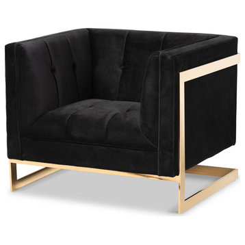 Ambra Glam and Luxe Black Velvet and Button Tufted Armchair with Gold-Tone Frame