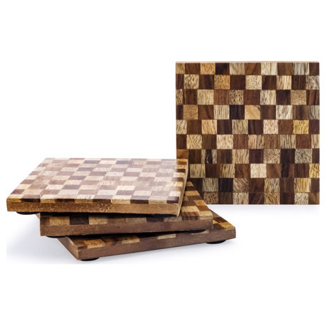 Checkered 4 pieces Wood Coaster Set