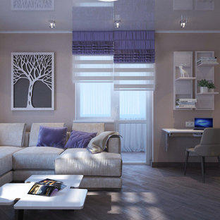 Idéer för ett mellanstort modernt allrum med öppen planlösning, med ett finrum, beige väggar och linoleumgolv