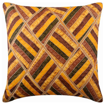 Handmade 24"x24" Patchwork Yellow Faux Leather Cushion Cover, Mustard On