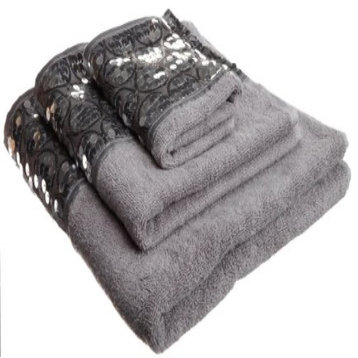 Sinatra Silver 3 Piece Bath Towel, Hand Towel And Fingertip Set With Sequins