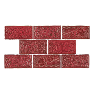 SomerTile Antic Feelings 3" x 6" Ceramic Subway Wall Tile, Red Moon