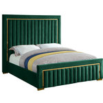 Meridian Furniture - Dolce Velvet Upholstered Bed, Green, King - Ensconce yourself in regal modernity in this Dolce Green Velvet King Bed. A super tall headboard makes this Dolce bed hard to ignore, ensuring it is the focal point in your bedroom sanctuary. The padded headboard is plump and welcoming, making it ideal for propping up against while you read the daily news or watch some TV. Gold trim and channel tufting add to the headboard's luxurious look, lending it an air of regality and upscale refinement. The green velvet upholstery is buttery-soft and lavish to the touch, making you feel like royalty with every nap.