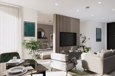 This is an example of a small modern formal and grey and white enclosed living room feature wall in London with grey walls, light hardwood flooring, no fireplace, a wall mounted tv and grey floors.
