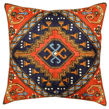 Tribal Kilim Aztec Pillow Red Navy Hand Embroidered Wool, 18x18"