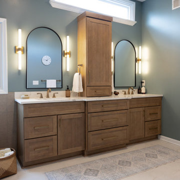 Spa Like Primary Bathroom Remodel with Warm Wood & Brass Details