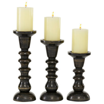 Traditional Dark Brown Wood Candle Holder Set 51323