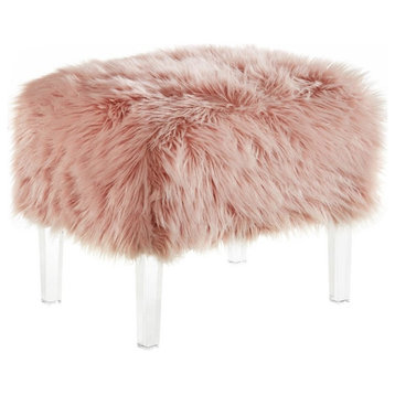 Posh Living Charlie Modern Faux Fur Fabric Ottoman with Acrylic Legs in Pink