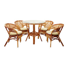 5-Piece Pelangi Dining Rattan Wicker Armchairs/Round Table Glass Top, Colonial