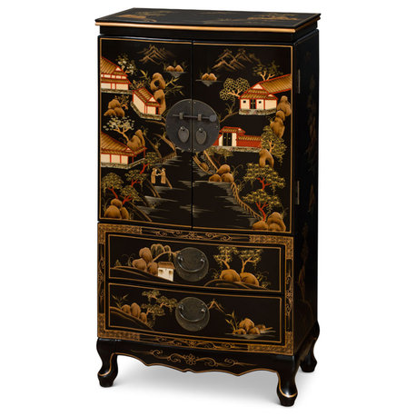 Matte Black Chinoiserie Court Yard Chinese Jewelry Armoire