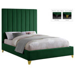 Meridian Furniture - Via Velvet Upholstered Bed, Green, Full - Take the look of your bedroom to new decorative heights with this ultra-modern Via upholstered full bed. Rich green velvet upholstery gives this bed a true upscale feel and epitomizes fine living while channel tufting along the headboard keeps the padded material inside plump and it also cradles your body while you sit up in bed to watch TV or read. Metal legs bring this platform bed up off the floor, allowing clearance below for cleaning and adding to its svelte contemporary profile.