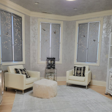 Metallic silver Bedroom with Chinoiserie hand painted indoor shutters