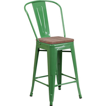 24" High Green Metal Counter Height Stool with Back and Wood Seat