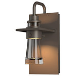 Hubbardton Forge - Erlenmeyer Small Outdoor Sconce, Coastal Dark Smoke Finish, Clear Glass - Inspired by the flat-bottomed Erlenmeyer flask, our outdoor sconce provides the catalyst for your design chemistry. The thick, clear blown-glass flask is encircled by a metal collar which is in turn, embedded in a metal plate.