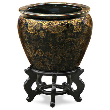 12 Inch Black and Gold Floral Design Chinese Fishbowl Planter, With Stand