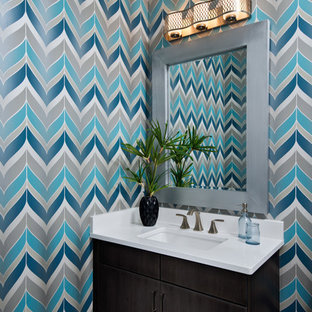 75 Beautiful Turquoise Powder Room With Quartz Countertops