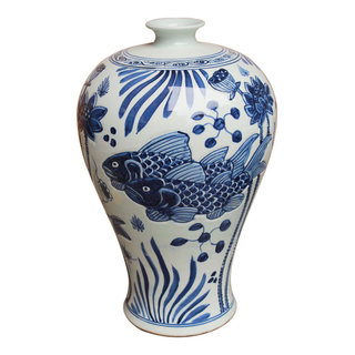 Beautiful Blue and White Fish Motif Porcelain Plum Vase 18