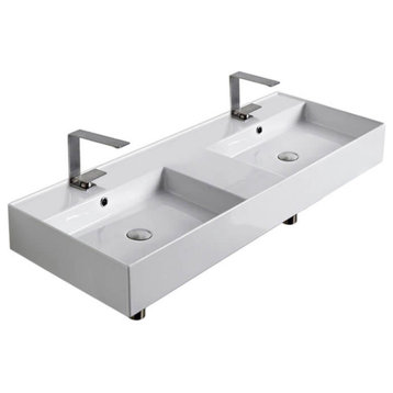 Double Rectangular Ceramic Wall Mounted or Vessel Sink, Two Hole