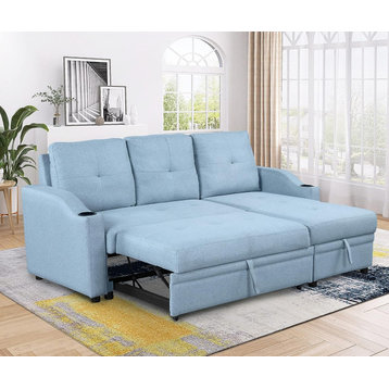 Modern L-Shaped Sleeper Sofa, Padded Seat & Sloped Arms With Cupholders, Blue