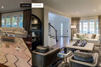 Example of a transitional formal and enclosed medium tone wood floor and brown floor living room design in San Francisco with white walls, a standard fireplace and a stone fireplace