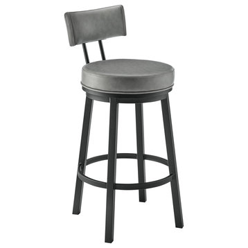 Dalza Swivel Counter or Bar Stool in Black Finish with Grey Faux Leather, 30