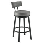 Armen Living - Dalza Swivel Counter or Bar Stool in Black Finish with Grey Faux Leather, 30 - Embrace the modern and functional appeal of the Dalza Swivel Counter or Bar stool in Faux Leather and Metal by Armen Living. The bar stool features a padded and streamlined back, resting upon 4-sturdy legs to serve as modern and comfy addition to your home. Its generously padded back and seat are topped with nearly tailored faux leather upholstery. Faux leather does not crack or fade easily; it is stain-resistant and UV resistant to serve you for years to come. Compliment any bar, high dining area, or adjustable desk with the elegance and charm of our metal bar stool. Crafted with quality and comfort in mind, the barstool can be used anywhere from the kitchen and living area to your workspace. A wonderful full 360-degree swivel function allows for maximum mobility. The smooth glide swivel function allows you to change directions with ease to become your new favorite seat. The Dalza counter or bar height stool is available in 26 inch or 30 inch seat height and comes in a black finish with grey faux leather upholstery, a mocha finish in brown faux leather upholstery, or a cloud finish with white faux leather upholstery.